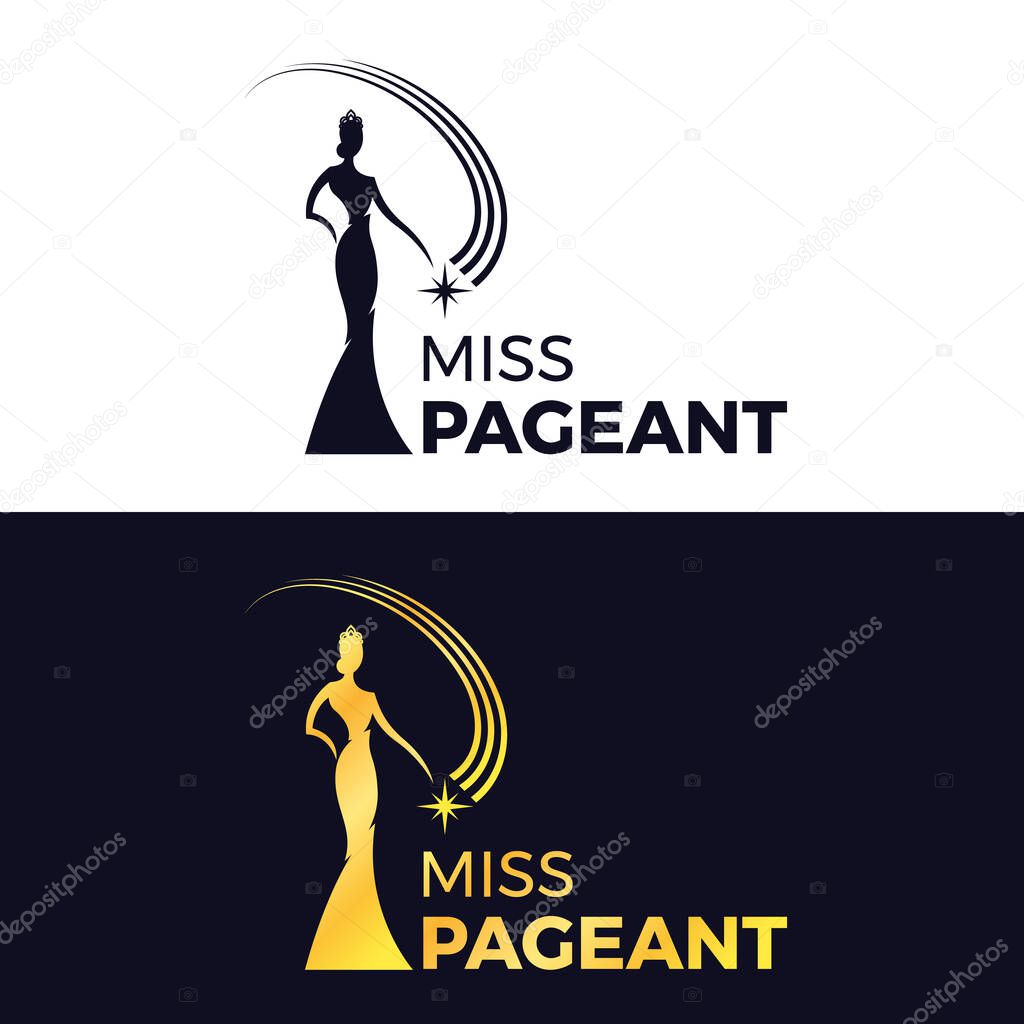 Miss pageant logo - black and gold The beauty queen pageant wearing a crown and holding a floating star vector design