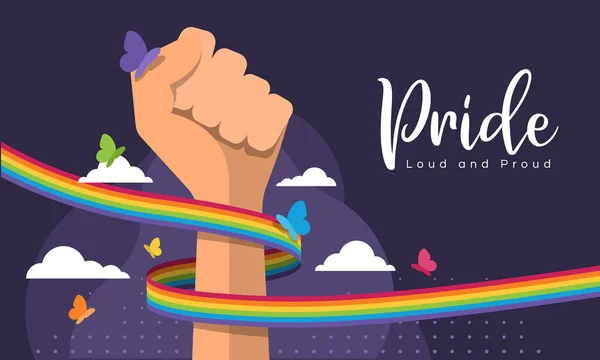 Pride Loud Proud Text Rainbow Pride Ribbon Hand Fight Butterfly —  Vetores de Stock