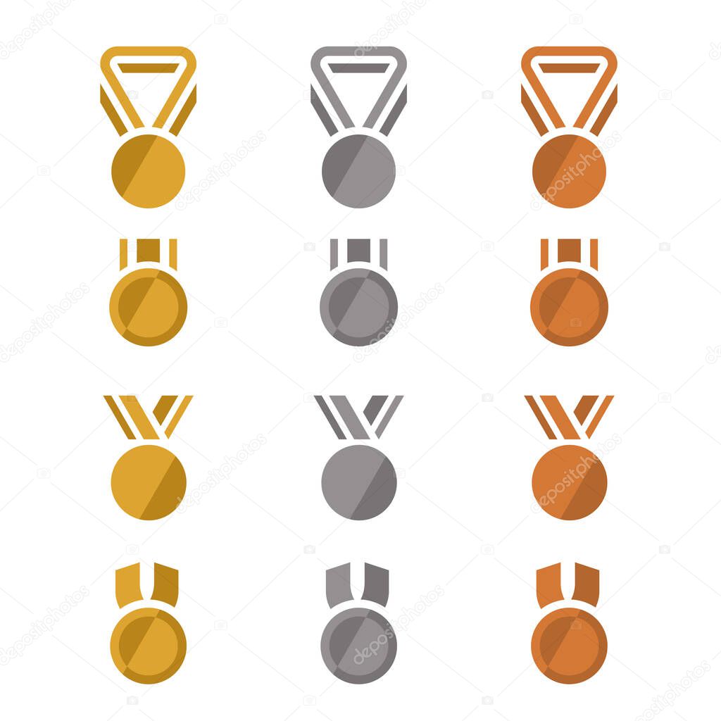 Gold, Silver and Bronze Award Medals with minimal flat icon style vector set design