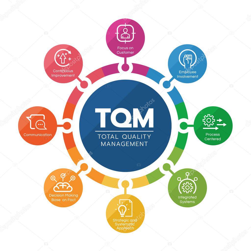 TQM (total quality management) diagram circle chart with 8 module line icon vector design
