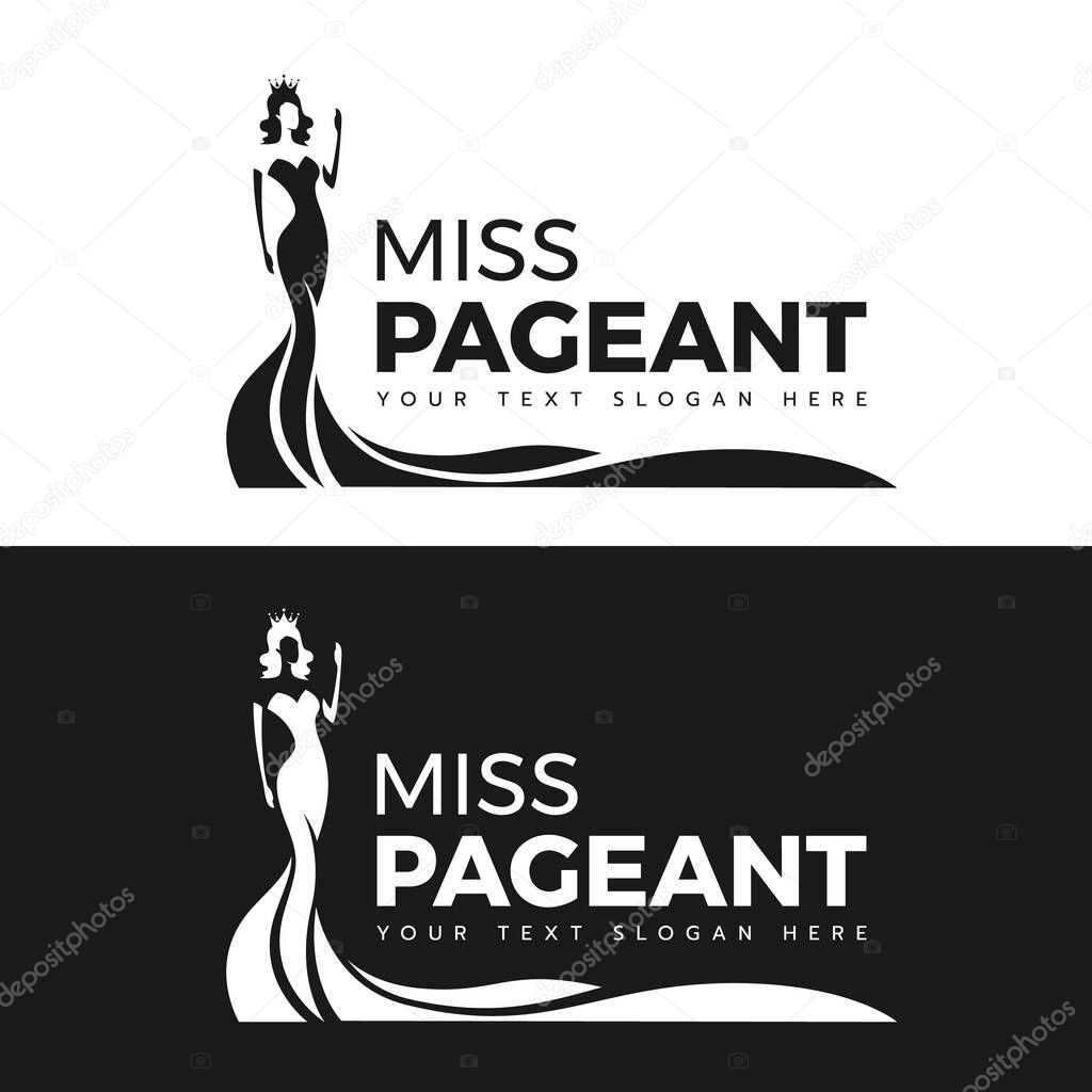 Miss pageant logo - black and white The beauty queen pageant in long evening gown wearing a crown and motion hand vector design