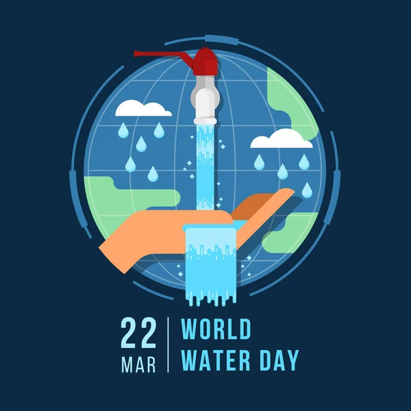 世界の水の日手は円の世界のタップから滝を保持します 青の背景に青と雨 現代のフラットスタイルベクトルデザイン — ストックベクタ