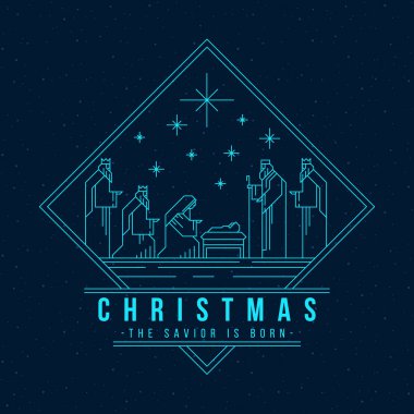 Noel 'de, kurtarıcı açık mavi çizgili İsa' nın doğumu sahnesiyle doğar. Ve üç bilge adam, elmas çerçeveli yarım daire içinde koyu arkaplan vektör tasarımında.