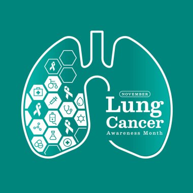 Kasım, akciğer kanseri farkındalığı ayı - Tıbbi altıgen ikonu ve yeşil arka plan vektör tasarımı beyaz şeritli akciğer