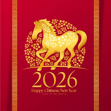 Mutlu Çin Yeni Yılı 2026 - Kırmızı arkaplan vektör tasarımında çiçeklerle çevrili altın at çin burcu