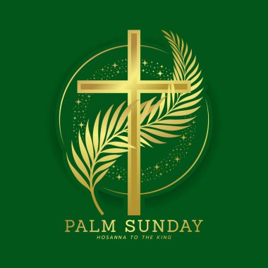 Palm Sunday - Palmiye yapraklarındaki altın haç işareti yeşil arkaplan tasarımı üzerindeki daire yıldız ışık çerçevesi eğrisi