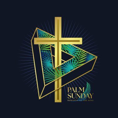 Palmiye Pazarı - Altın haç üçgen üç boyutlu çizgiler üzerinde yeşil palmiye yaprakları deseni koyu mavi arka plan vektör tasarımı