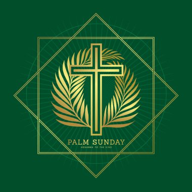 Palmiye Pazarı - Altın Haç işareti ve palmiye yaprakları yeşil arkaplan vektör tasarımında çapraz kare şeklinde