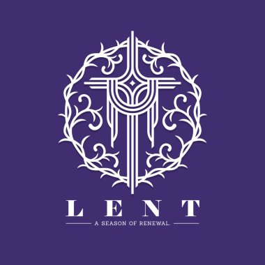 Paskalya, yenilenmenin bir senatörü - Modern beyaz çizgi Hıristiyan haçı kumaştan asılmış ve koyu mor arka plan vektör tasarımında dikenler etrafında daire çiziyor