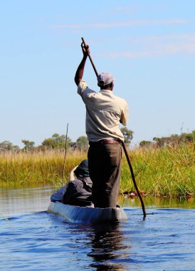 Boattrip in a typical Mokoro through the delta of the Okavango River in Botswana.