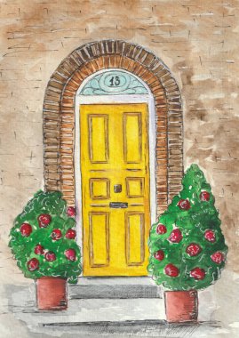 Kapı, sarı numara on üç, saksılarda kırmızı çiçekler, bir evin duvarı, mimari suluboya çizimi