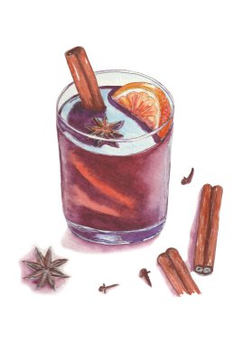 Bir bardak tarçın çubuklu sıcak şarap ve turuncu suluboya skeç.