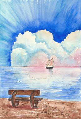 Güzel bir manzara, kıyıda bir bank ve gün batımında bir tekne.