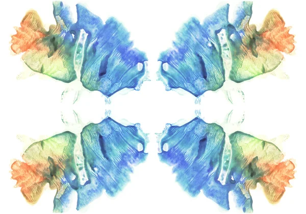 Karte von rorschach inkblot test. Aquarellbild. Abstrakter Hintergrund. Buntes Bild. blaue, orange, gelbe und grüne Farbe. — Stockfoto