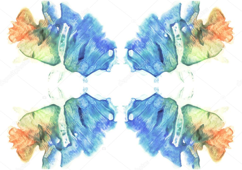 Card of rorschach inkblot test. Watercolor picture. Abstract background. Colorful image. Blue, orange, yellow and green paint.