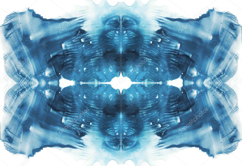 Card of rorschach inkblot test. Abstraction symmetric background. Blue watercolor picture.
