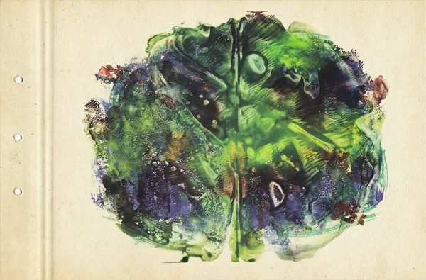 Hersenen. Kaart van inkblot Rorschachtest. Groene, gele en blauwe aquarel op karton. Vintage stijl. Abstractie achtergrond. — Stockfoto