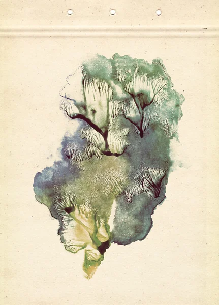 Bomen. Rorschach. Abstractie achtergrond. Gele, blauwe en groene aquarel op karton. Vintage stijl. — Stockfoto