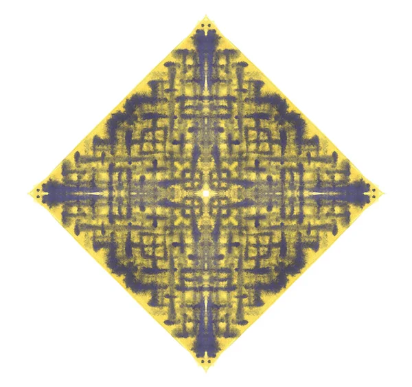 4つの三角形で構成された黄色の広場に手作りの紫色の水彩線形スプラッシュ 抽象的な色の汚れ 正方形の対称水彩の背景 オリジナルデザインのための鮮やかな手作り要素 — ストック写真