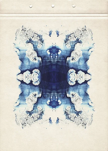 Cards of rorschach inkblot test. Blue watercolor symmetric blotch. Abstract painting on old paper. Vintage style.