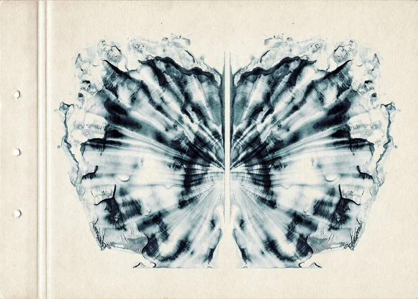 Card of Rorschach inkblot test, Blue watercolor splotches on old paper. Abstract watercolor painting. Smudged Texture Background. Freehand Drawing with Space for Your Text. Vintage style.