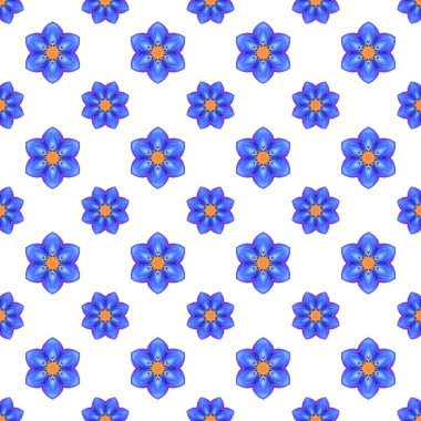 Parlak mavi suluboya çiçekleri olan kusursuz desenler beyaz arkaplan üzerinde tekrar eden temiz bir düzen oluşturarak tekstil, duvar kâğıtları ve modern çiçek desenleri için uygun canlı bir botanik tasarım yaratıyor..
