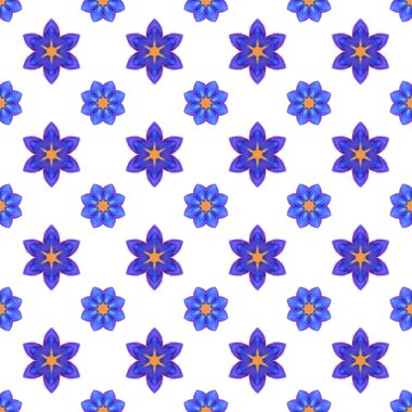 Canlı mavi ve mor simetrik suluboya çiçekleri içeren kusursuz desen beyaz bir arka planda düzenli olarak düzenlenerek modern bir estetik ile parlak bir dekoratif çiçek tasarımı oluşturur..