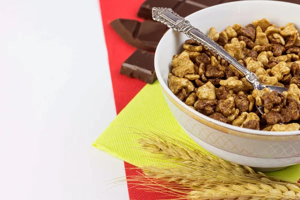 Breakfast background, fruit, chocolate and Cereal on table — Stock Photo, Image