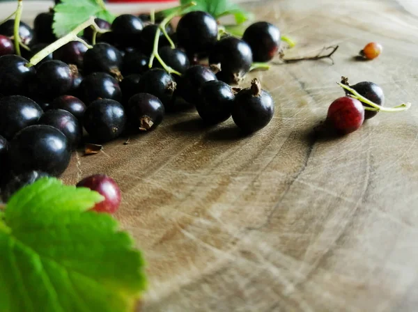 Schwarze Johannisbeere Mit Einem Blatt Auf Einem Hölzernen Würdig — Stockfoto