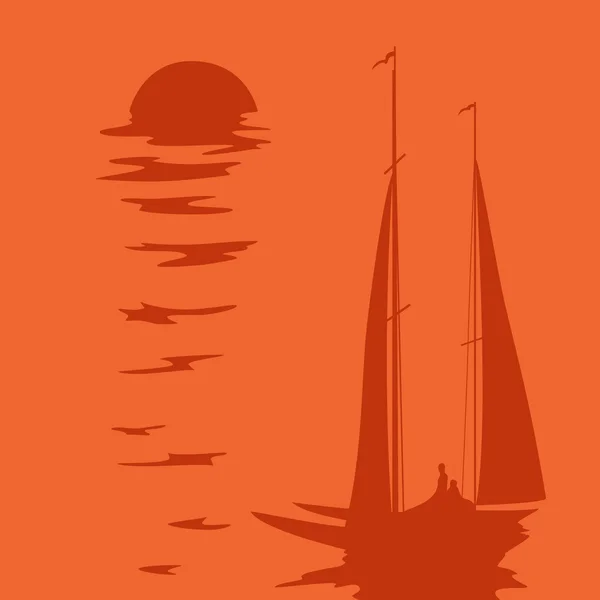 Dos del velero contra el sol poniente en el mar — Vector de stock