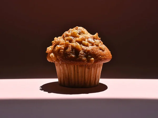 Front View Walnut Muffin Illuminated Natural Light Strong Shadow — Stock Photo, Image