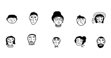 Elle çizilmiş karakter yüzleri: Ergen, blog yazarı, kız, kız, öğrenci, kız öğrenci, orta yaşlı erkek ve diğerleri. Vektör illüstrasyonu.