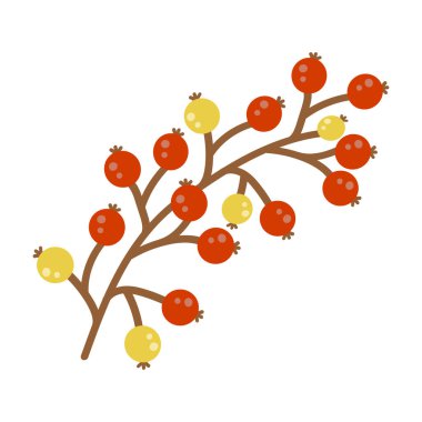 Kahverengi dalların üzerinde kırmızı ve sarı dutlu kırmızı frenk üzümü fırçası.