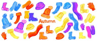 Eşarp, şapka, eldiven ve çizmelerle donatılmış sonbahar kıyafetlerinin vektör çizimi. Beyaz arkaplanda el yapımı sıcak aksesuar koleksiyonu izole edildi.