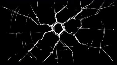 Siyah ekranda beyaz çizikler olan 2D cam çatlağı ve delik animasyonu. Gerçekçi kaplama için alfa kanalı ile 4K içindeki hasar efekti.