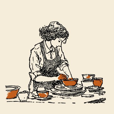 Çömlek yapan genç bayan çömlekçi. El çizimi illüstrasyon