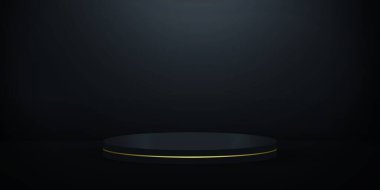 Modern Koyu Renk Arkaplanı 'nda soyut 3D yorumlanmış podyum. Yeni sahne tasarımını mat renginde kopyala.