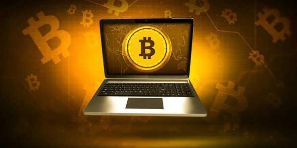 Moderno Renderizado Bitcoin Pano Fundo Com Tela Laptop Criptografia Fundo — Fotografia de Stock