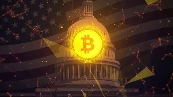 Animasi Bitcoin Latar Belakang Bendera Amerika Serikat Dan Capitol — Stok Video