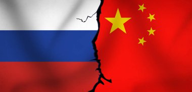 Rusya, Çin Bayrağına Karşı Kırık İlişkiler Kavramı Geçmişi. Devlet çatışmaları arkaplan afişi.