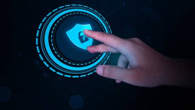 Hand 'in ekrana dokunduğu modern güvenlik ve teknoloji konsepti. Son Kalkan konsepti arkaplan