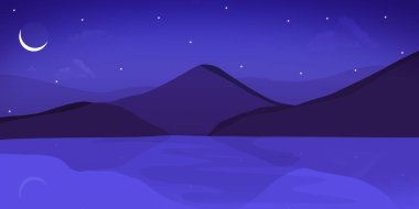 Dağları ve Gölü olan soyut Gece Gökyüzü. Gece Gökyüzünün ve manzaranın güzel bir tasviri.