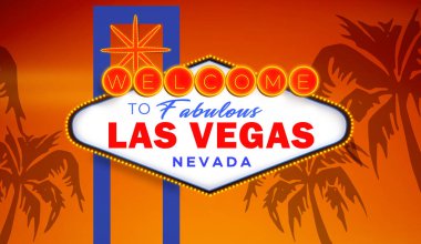 Işıklarla yanıp sönen bir akşamda Las Vegas tabelasının arka planına hoş geldiniz. Turist Çekim Noktası tabelası