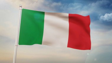 İtalya Bayrağı gökyüzünde dalgalanırken, arkasında da Güneş ışığı vardı. Vatansever bayrak hareketi soyut zemin kavramı.