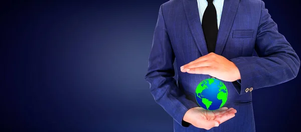 Environmental Concept Backdrop Design with Man Holding a Globe in Green and Blue Color