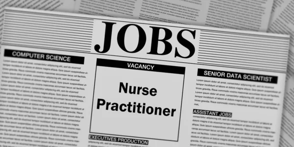 护士从业人员工作空缺在头版的报纸上 现代报纸医药工作海报背景 — 图库照片