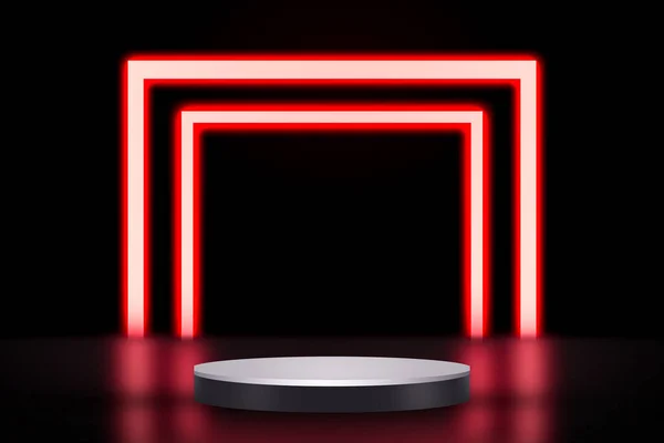 3D Rendered Glowing Podium Stage in Red Color with empty space indoor backdrop. Modern free product space stage with glowing stripes in the back