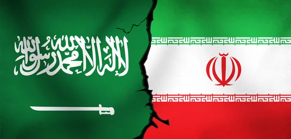 Saudiarabien Och Iran Viftande Flagga Spruckna Representera Konflikt Mellan Två — Stockfoto