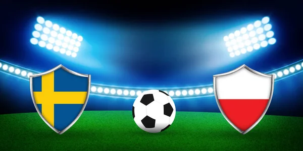 Sweden Vs Poland Match Time Background with Football and Glowing Lights. Night Time 3D Rendered Football stadium backdrop with country flags