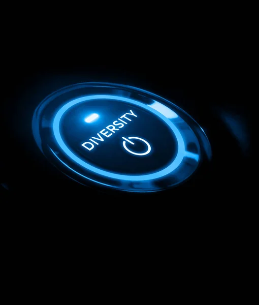 多様性のコンセプトネオンが輝くブルーのパワーボタンコンセプト — ストック写真